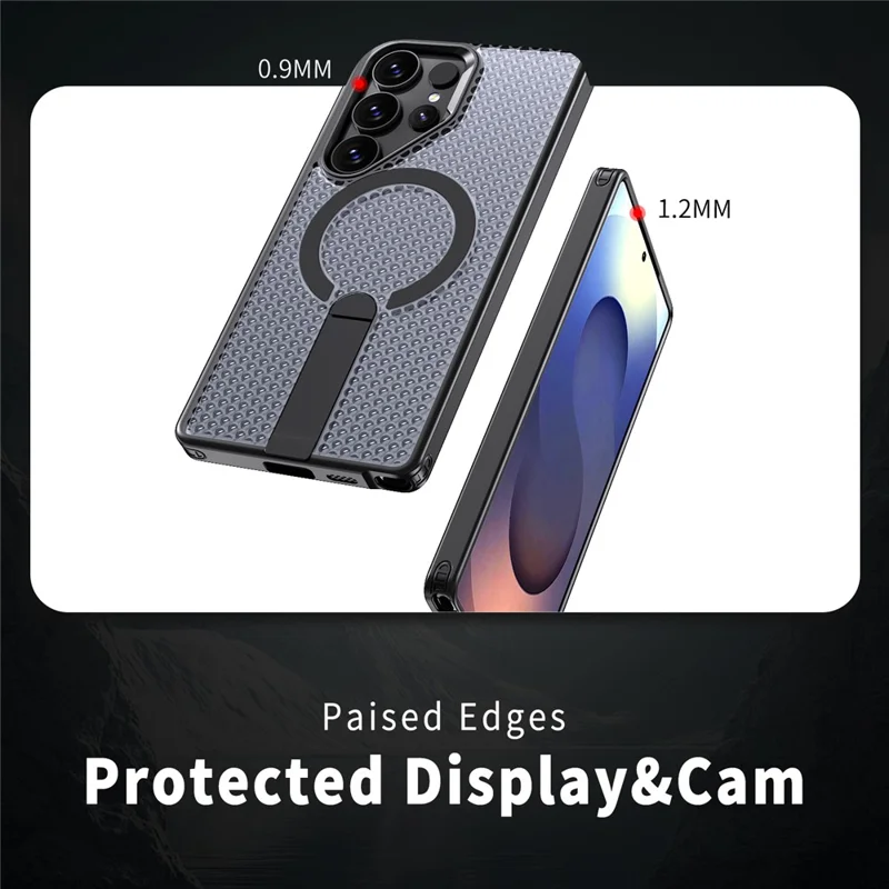 For Samsung Galaxy S25 Ultra Magnetic Case Kickstand Grid Texture TPU PC Phone Back Cover - Black