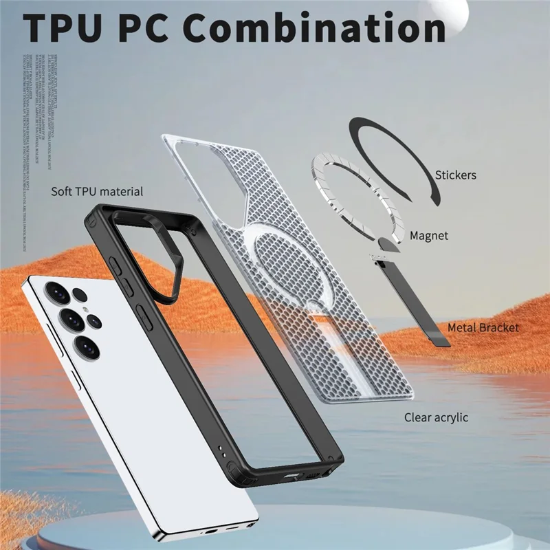 For Samsung Galaxy S25 Ultra Magnetic Case Kickstand Grid Texture TPU PC Phone Back Cover - Black