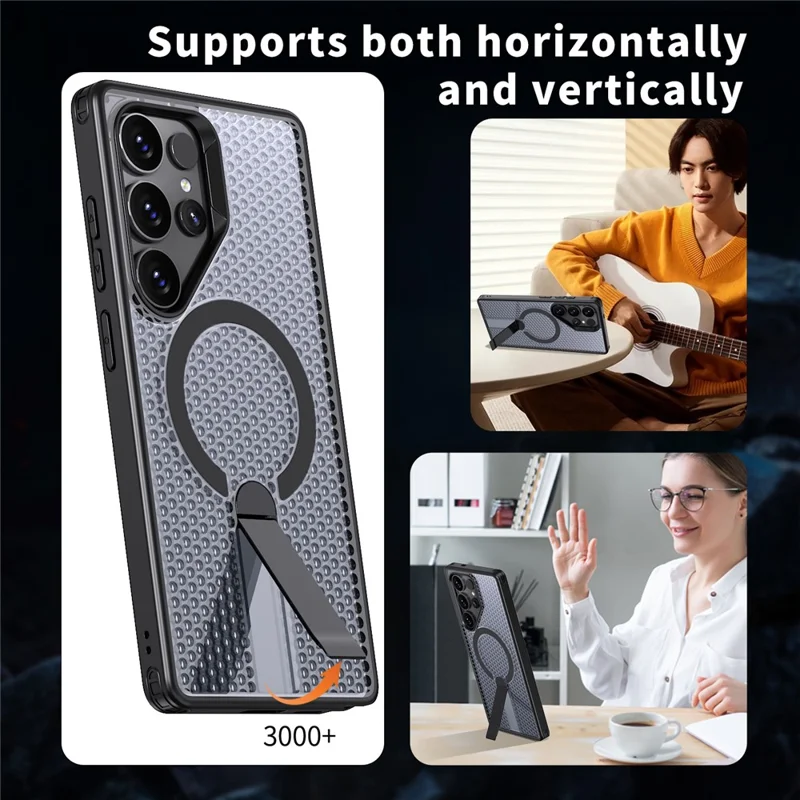 For Samsung Galaxy S25 Ultra Magnetic Case Kickstand Grid Texture TPU PC Phone Back Cover - Black
