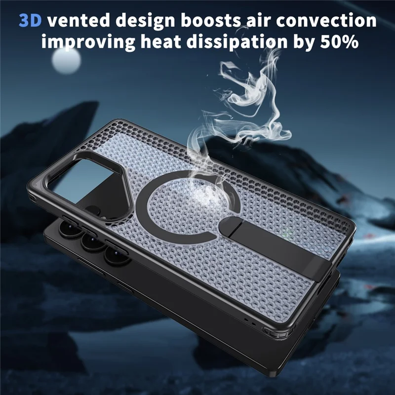For Samsung Galaxy S25 Ultra Magnetic Case Kickstand Grid Texture TPU PC Phone Back Cover - Black