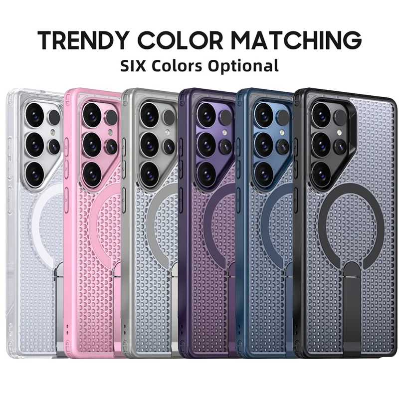For Samsung Galaxy S25 Ultra Magnetic Case Kickstand Grid Texture TPU PC Phone Back Cover - Black