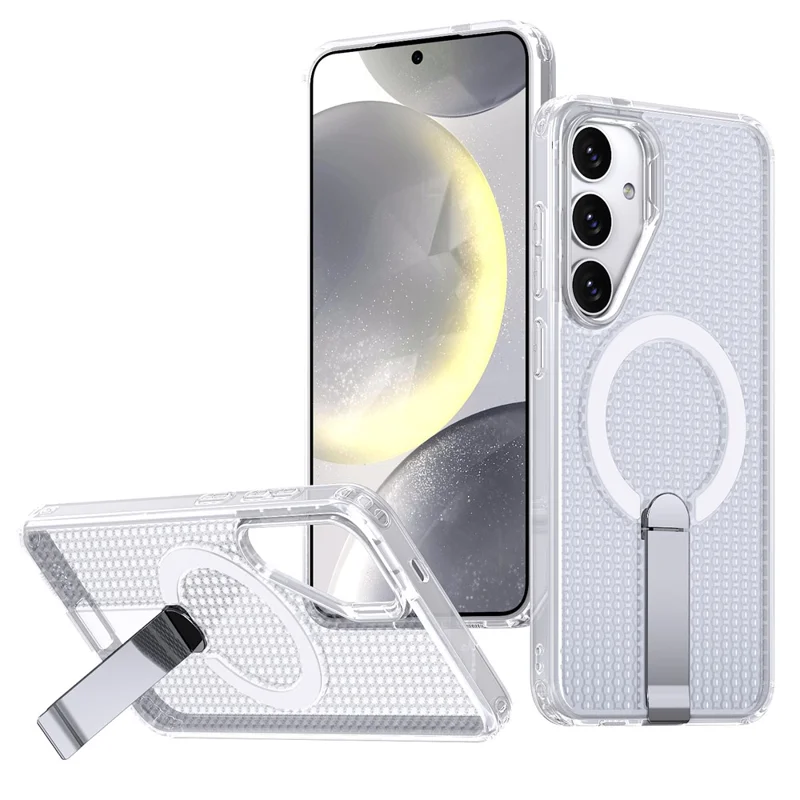 For Samsung Galaxy S25 FE Magnetic Case Kickstand Grid Texture TPU PC Phone Back Cover - Transparent