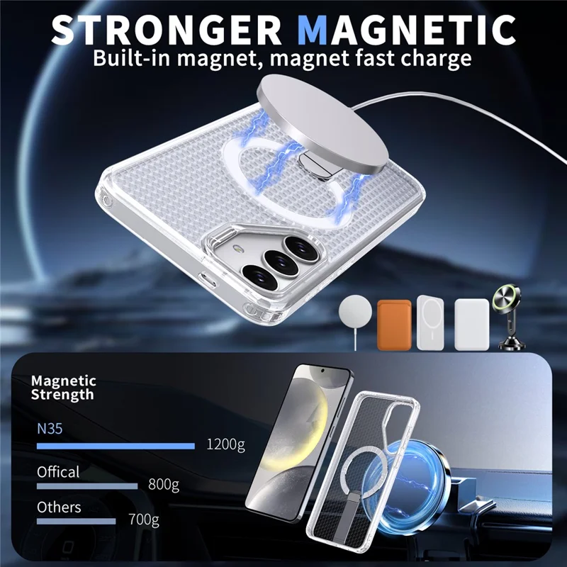 For Samsung Galaxy S25 FE Magnetic Case Kickstand Grid Texture TPU PC Phone Back Cover - Transparent