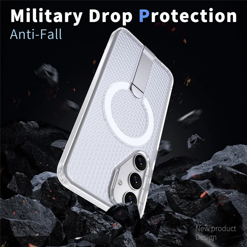 For Samsung Galaxy S25 FE Magnetic Case Kickstand Grid Texture TPU PC Phone Back Cover - Transparent