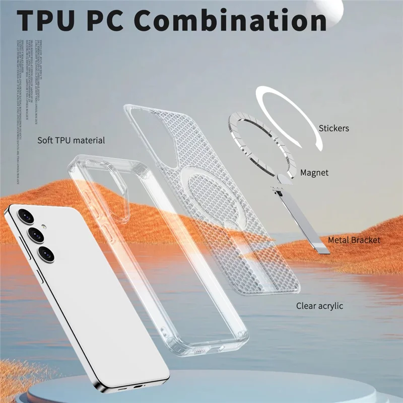 For Samsung Galaxy S25 FE Magnetic Case Kickstand Grid Texture TPU PC Phone Back Cover - Transparent