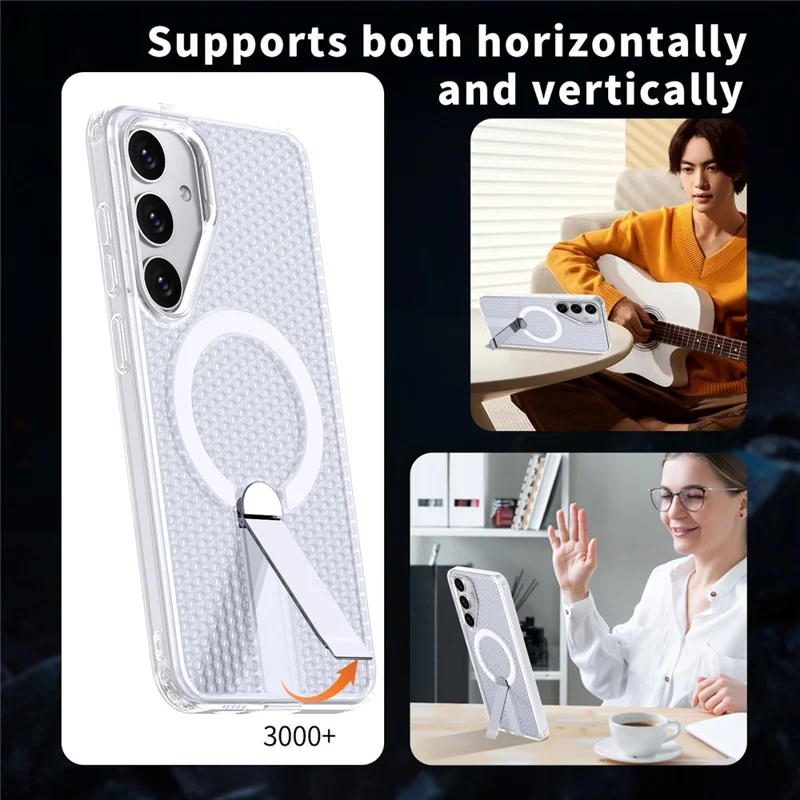 For Samsung Galaxy S25 FE Magnetic Case Kickstand Grid Texture TPU PC Phone Back Cover - Transparent
