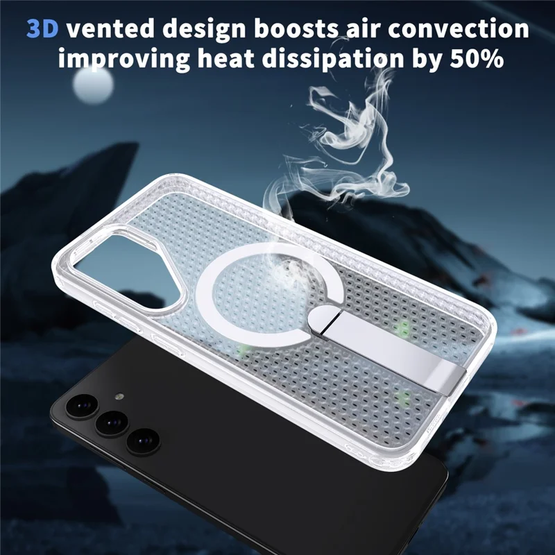 For Samsung Galaxy S25 FE Magnetic Case Kickstand Grid Texture TPU PC Phone Back Cover - Transparent