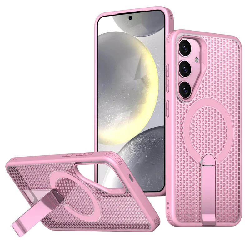 For Samsung Galaxy S25 FE Magnetic Case Kickstand Grid Texture TPU PC Phone Back Cover - Pink