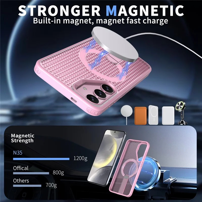 For Samsung Galaxy S25 FE Magnetic Case Kickstand Grid Texture TPU PC Phone Back Cover - Pink