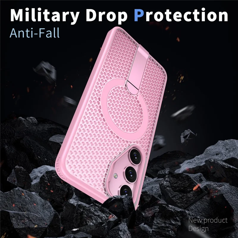 For Samsung Galaxy S25 FE Magnetic Case Kickstand Grid Texture TPU PC Phone Back Cover - Pink