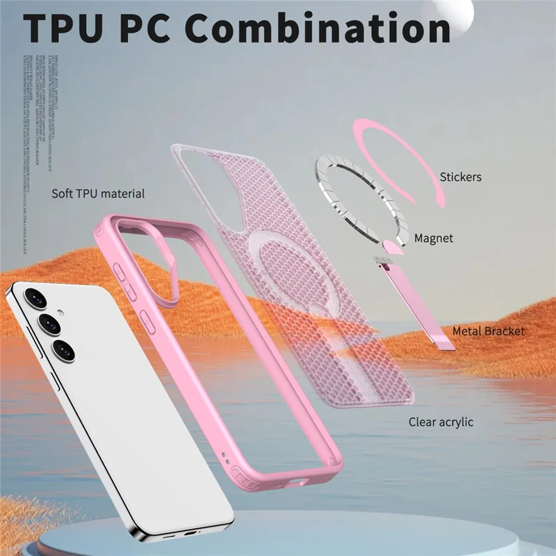 For Samsung Galaxy S25 FE Magnetic Case Kickstand Grid Texture TPU PC Phone Back Cover - Pink
