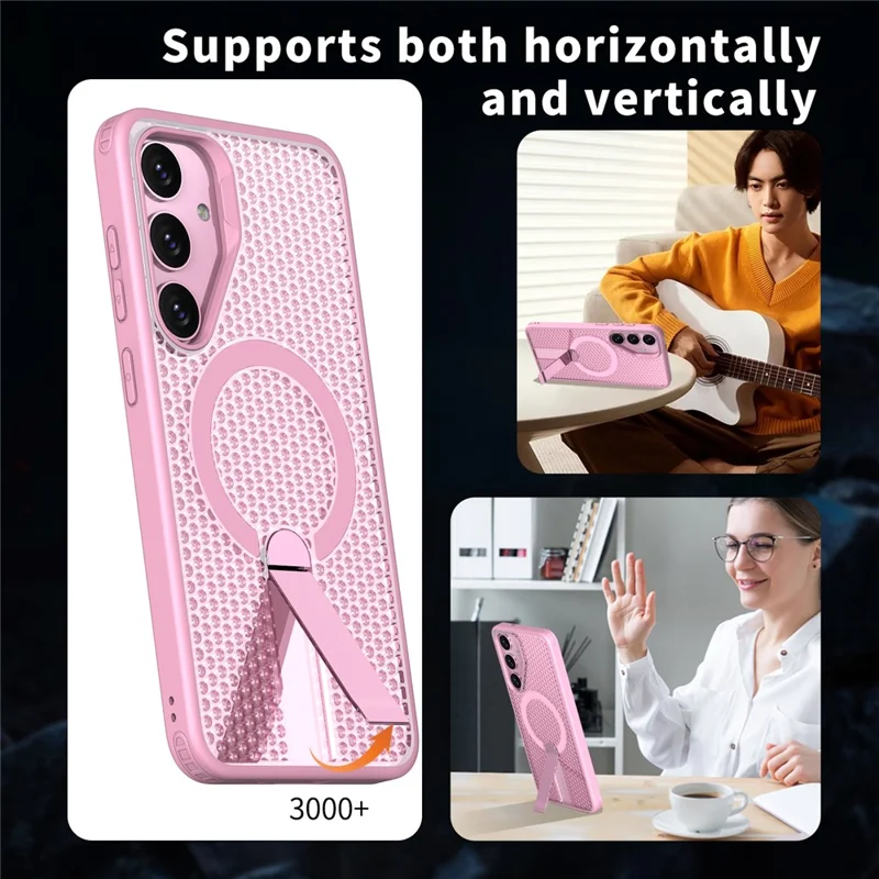 For Samsung Galaxy S25 FE Magnetic Case Kickstand Grid Texture TPU PC Phone Back Cover - Pink