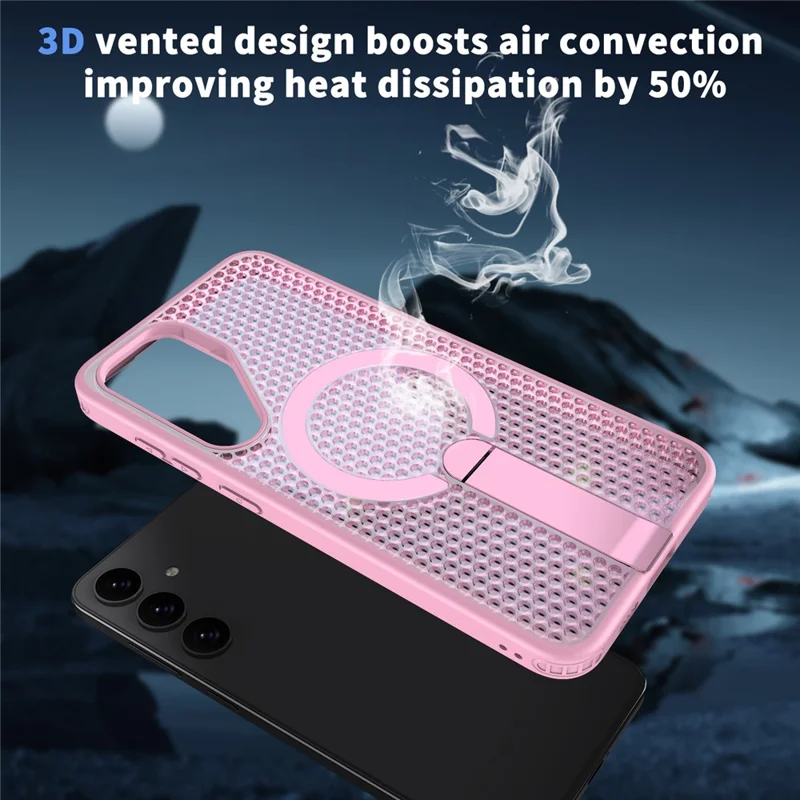 For Samsung Galaxy S25 FE Magnetic Case Kickstand Grid Texture TPU PC Phone Back Cover - Pink