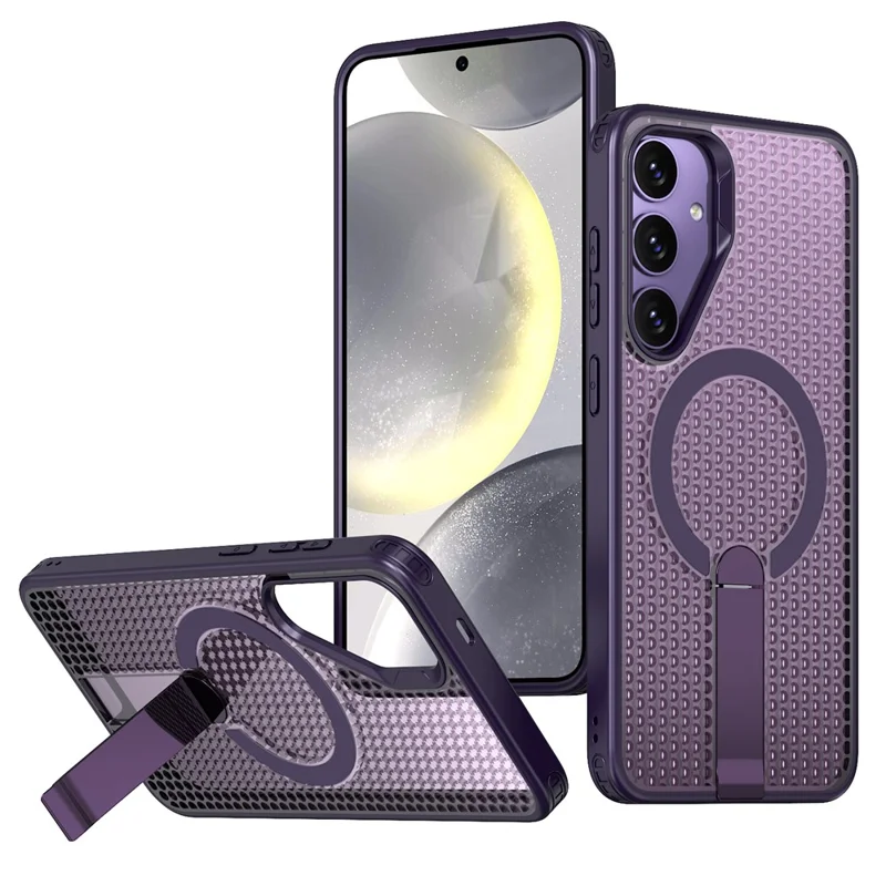 For Samsung Galaxy S25 FE Magnetic Case Kickstand Grid Texture TPU PC Phone Back Cover - Purple