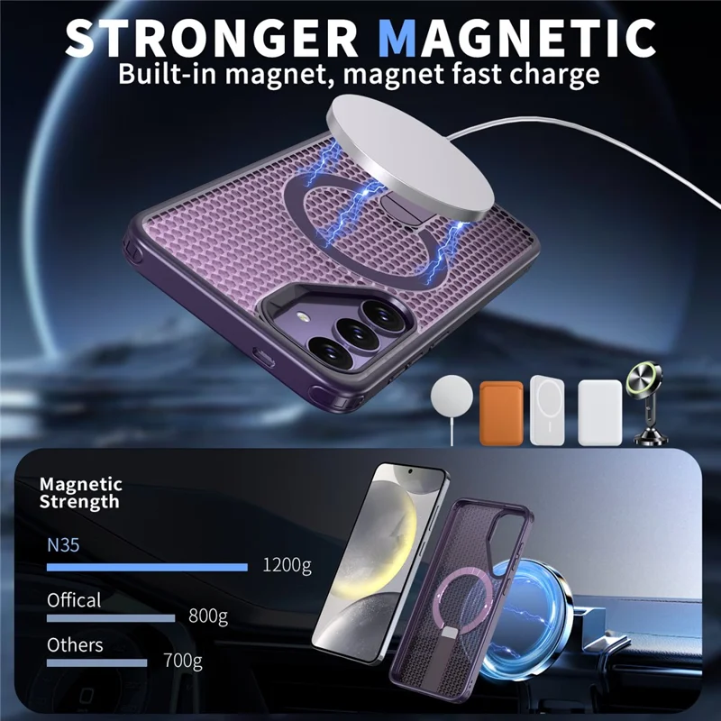 For Samsung Galaxy S25 FE Magnetic Case Kickstand Grid Texture TPU PC Phone Back Cover - Purple
