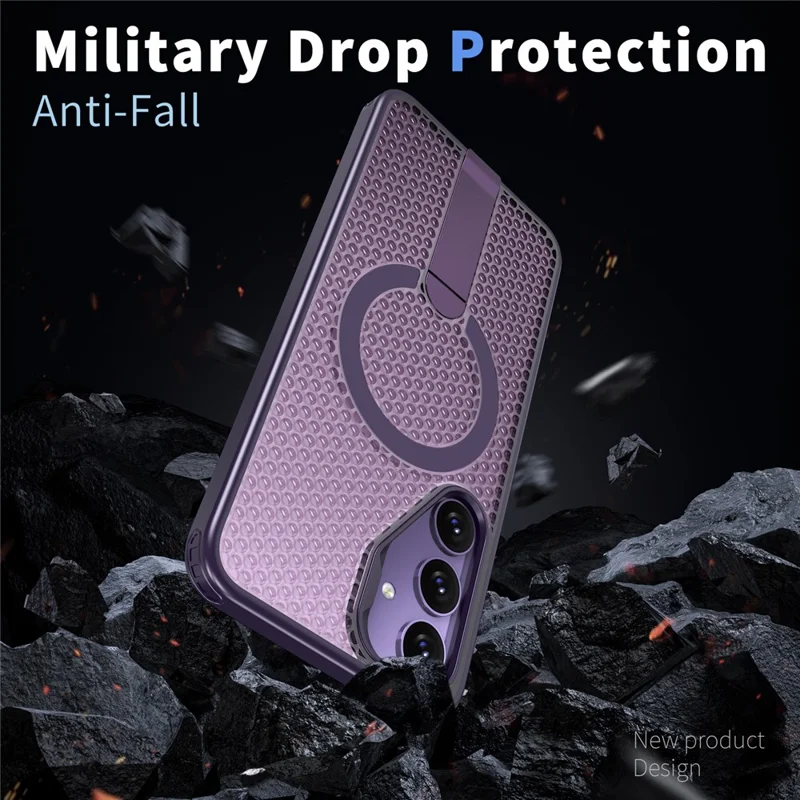 For Samsung Galaxy S25 FE Magnetic Case Kickstand Grid Texture TPU PC Phone Back Cover - Purple