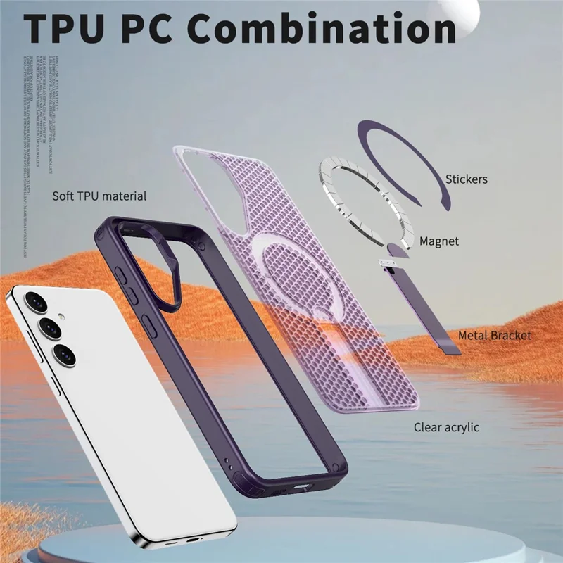 For Samsung Galaxy S25 FE Magnetic Case Kickstand Grid Texture TPU PC Phone Back Cover - Purple