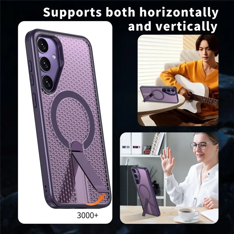 For Samsung Galaxy S25 FE Magnetic Case Kickstand Grid Texture TPU PC Phone Back Cover - Purple