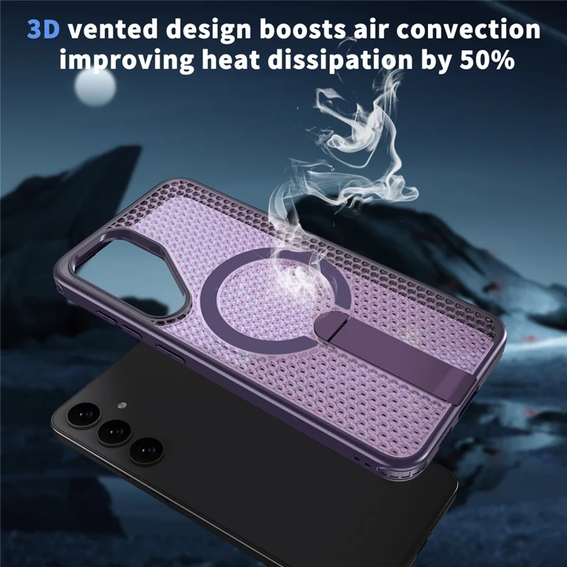 For Samsung Galaxy S25 FE Magnetic Case Kickstand Grid Texture TPU PC Phone Back Cover - Purple