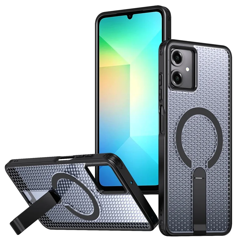 For Samsung Galaxy A06 4G Magnetic Case Kickstand Grid Texture TPU PC Phone Back Cover - Black