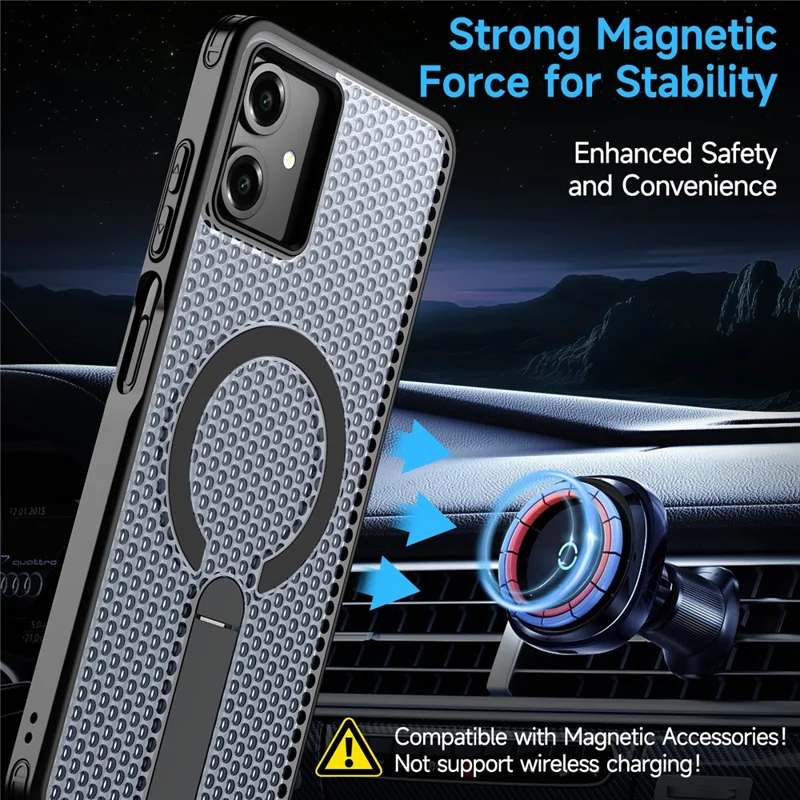 For Samsung Galaxy A06 4G Magnetic Case Kickstand Grid Texture TPU PC Phone Back Cover - Black