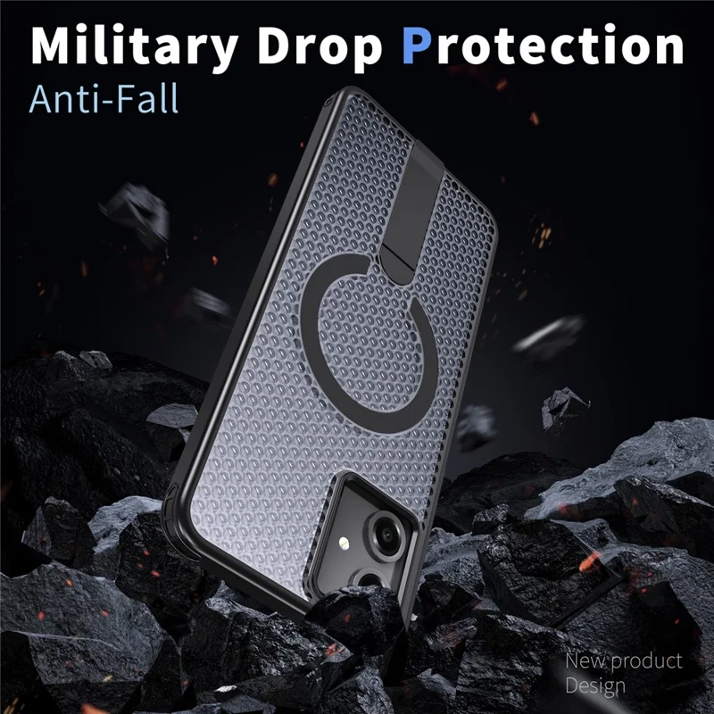 For Samsung Galaxy A06 4G Magnetic Case Kickstand Grid Texture TPU PC Phone Back Cover - Black