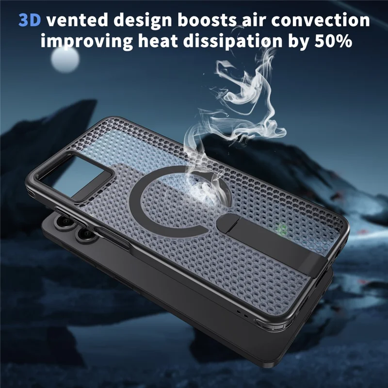 For Samsung Galaxy A06 4G Magnetic Case Kickstand Grid Texture TPU PC Phone Back Cover - Black
