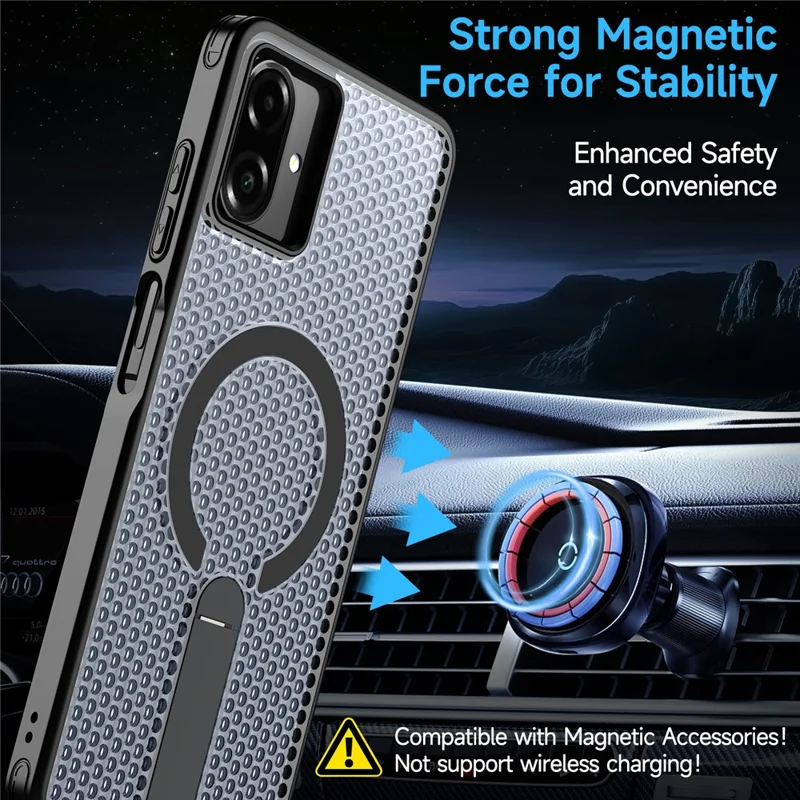 For Samsung Galaxy A07 5G / A07 4G Magnetic Case Kickstand Grid Texture TPU PC Phone Back Cover - Black