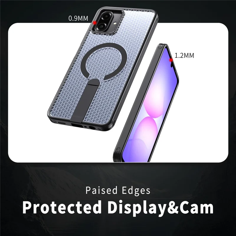 For Samsung Galaxy A07 5G / A07 4G Magnetic Case Kickstand Grid Texture TPU PC Phone Back Cover - Black