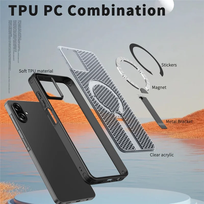 For Samsung Galaxy A07 5G / A07 4G Magnetic Case Kickstand Grid Texture TPU PC Phone Back Cover - Black