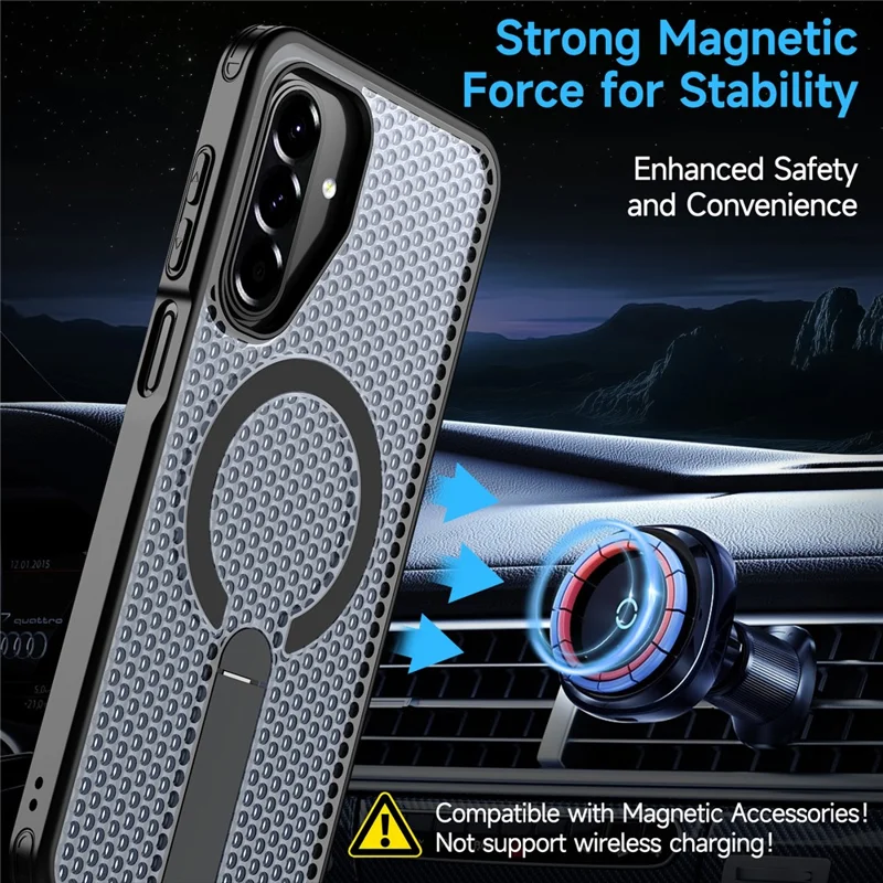 For Samsung Galaxy A17 5G / A17 4G Magnetic Case Kickstand Grid Texture TPU PC Phone Back Cover - Black