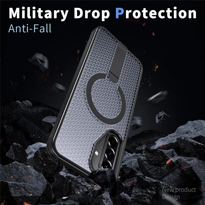 For Samsung Galaxy A17 5G / A17 4G Magnetic Case Kickstand Grid Texture TPU PC Phone Back Cover - Black