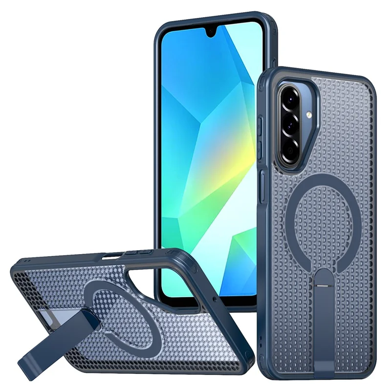 For Samsung Galaxy A17 5G / A17 4G Magnetic Case Kickstand Grid Texture TPU PC Phone Back Cover - Blue