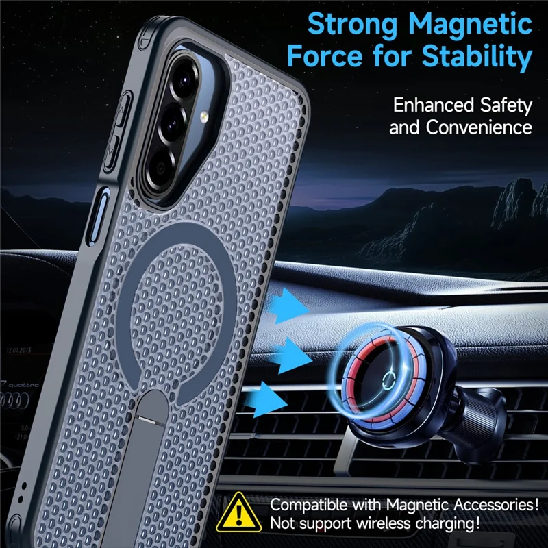 For Samsung Galaxy A17 5G / A17 4G Magnetic Case Kickstand Grid Texture TPU PC Phone Back Cover - Blue