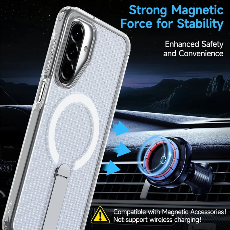 For Samsung Galaxy A17 5G / A17 4G Magnetic Case Kickstand Grid Texture TPU PC Phone Back Cover - Transparent