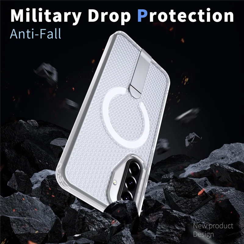 For Samsung Galaxy A17 5G / A17 4G Magnetic Case Kickstand Grid Texture TPU PC Phone Back Cover - Transparent