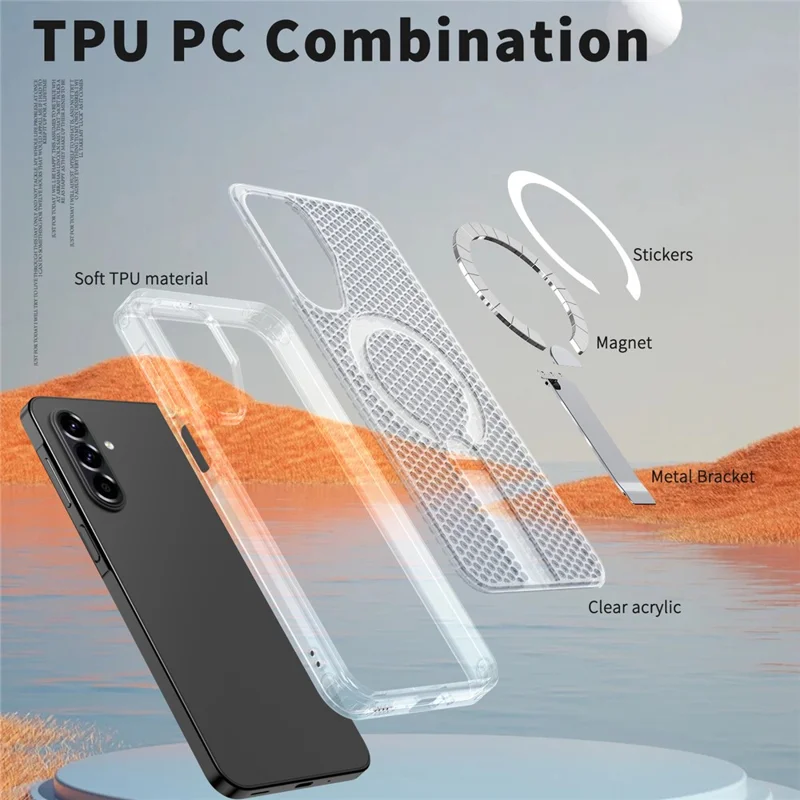For Samsung Galaxy A17 5G / A17 4G Magnetic Case Kickstand Grid Texture TPU PC Phone Back Cover - Transparent