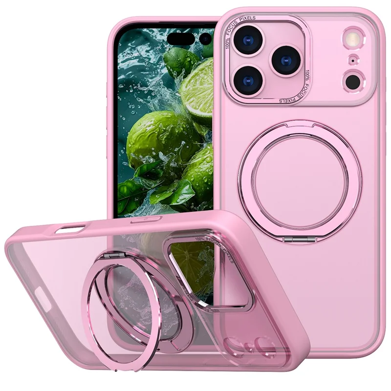 For iPhone 17 Pro Case Compatible with MagSafe Ring Kickstand TPU PC Clear Phone Back Cover - Pink