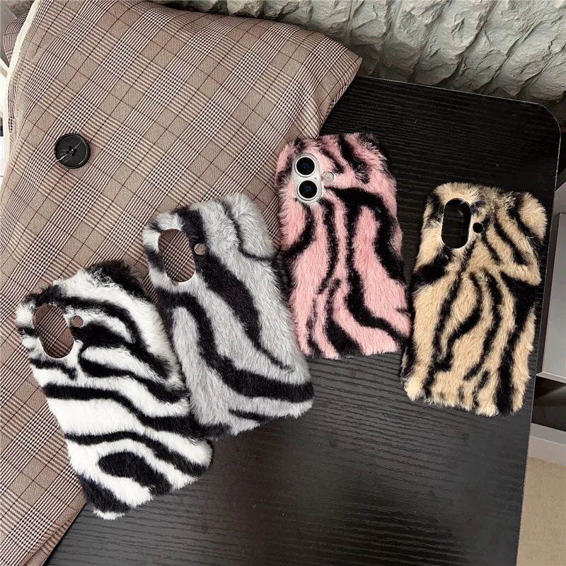 For iPhone 17 Case Zebra Pattern Soft Plush TPU Phone Cover - Grey