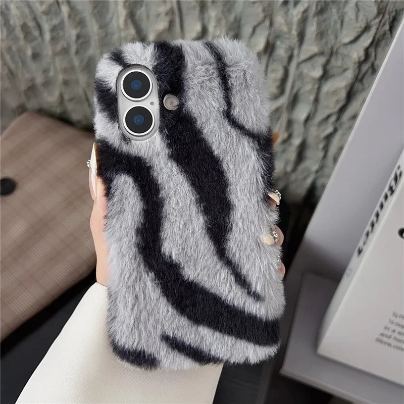 For iPhone 17 Case Zebra Pattern Soft Plush TPU Phone Cover - Grey