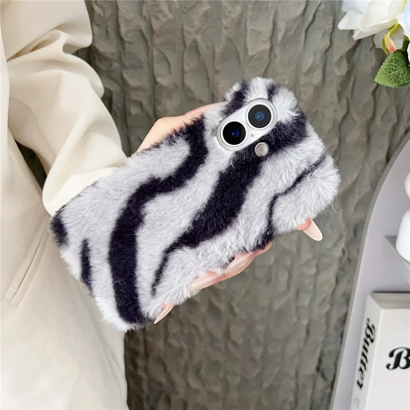 For iPhone 17 Case Zebra Pattern Soft Plush TPU Phone Cover - Grey