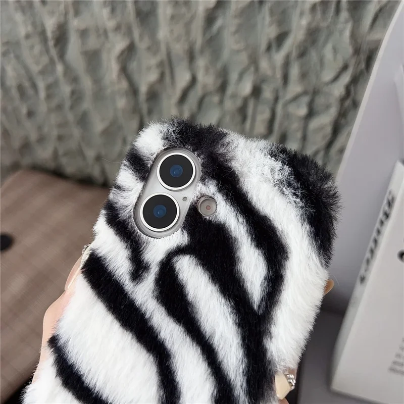 For iPhone 17 Case Zebra Pattern Soft Plush TPU Phone Cover - Grey