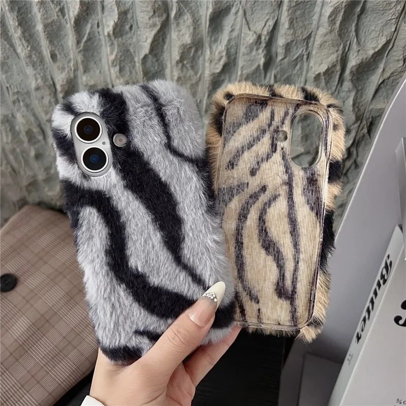 For iPhone 17 Case Zebra Pattern Soft Plush TPU Phone Cover - Grey