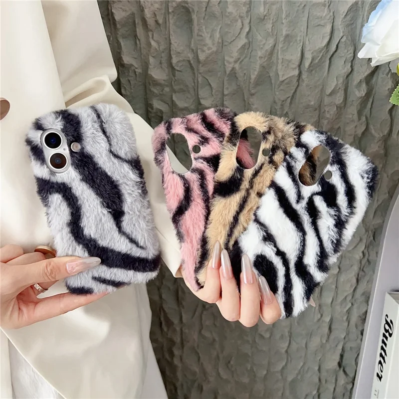 For iPhone 17 Case Zebra Pattern Soft Plush TPU Phone Cover - Grey