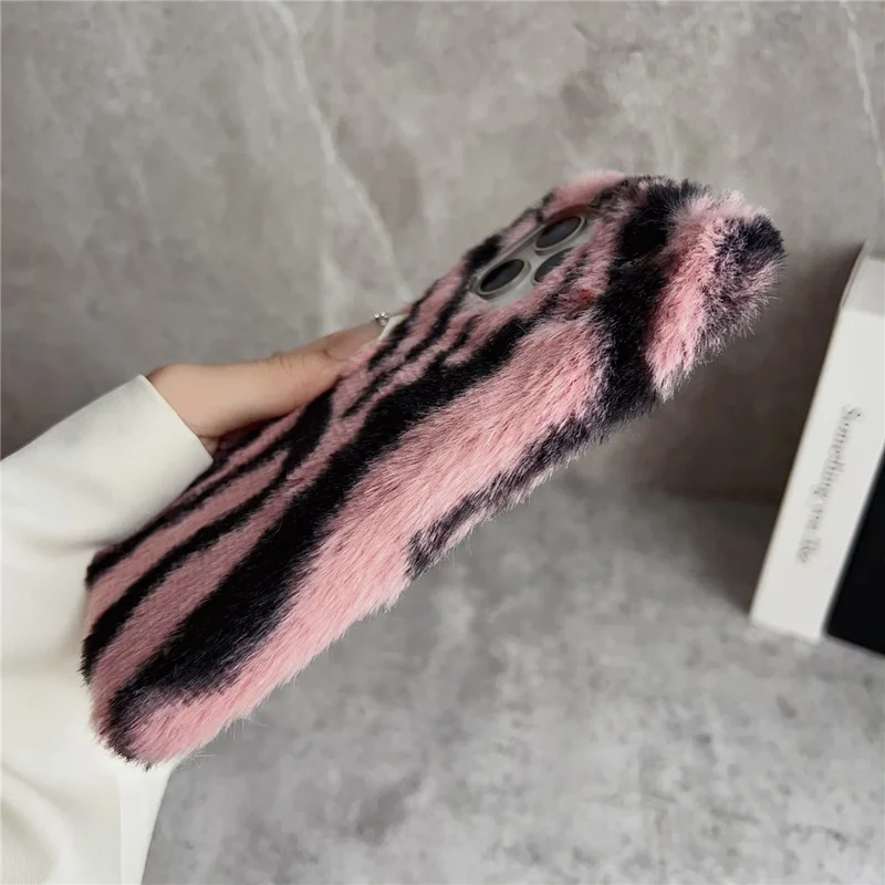 For iPhone 17 Pro Case Zebra Pattern Soft Plush TPU Phone Cover - Pink