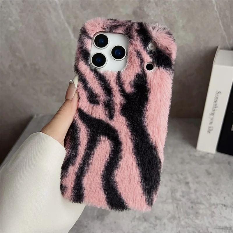 For iPhone 17 Pro Max Case Zebra Pattern Soft Plush TPU Phone Cover - Pink