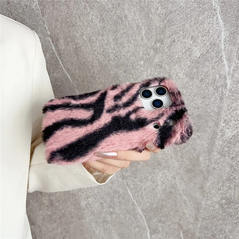 For iPhone 17 Pro Max Case Zebra Pattern Soft Plush TPU Phone Cover - Pink