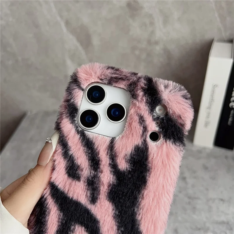 For iPhone 17 Pro Max Case Zebra Pattern Soft Plush TPU Phone Cover - Pink