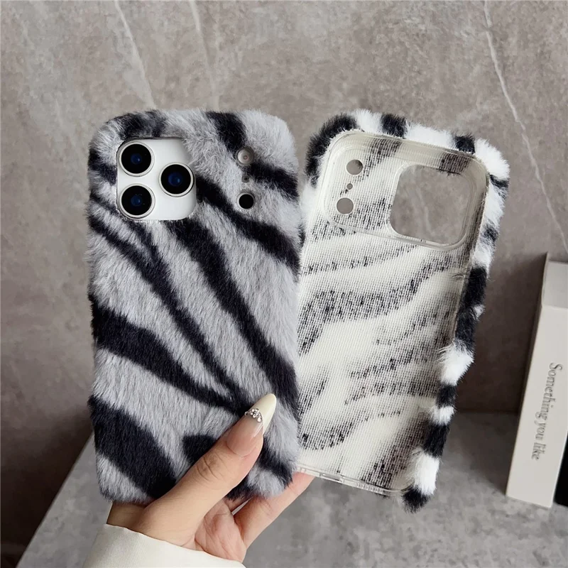 For iPhone 17 Pro Max Case Zebra Pattern Soft Plush TPU Phone Cover - Pink