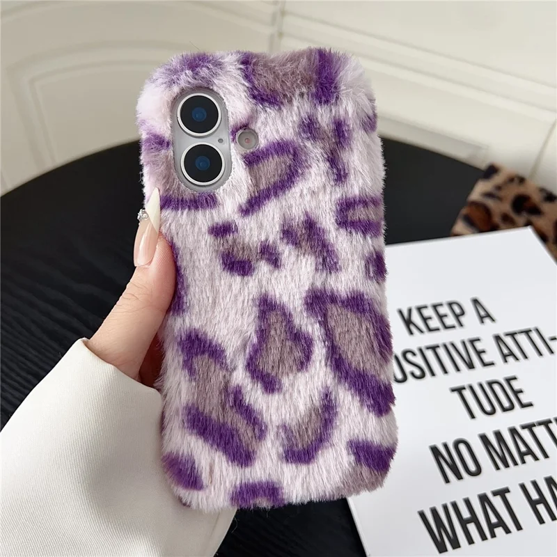 For iPhone 17 Case Leopard Pattern Fluffy Plush TPU Phone Cover - Purple